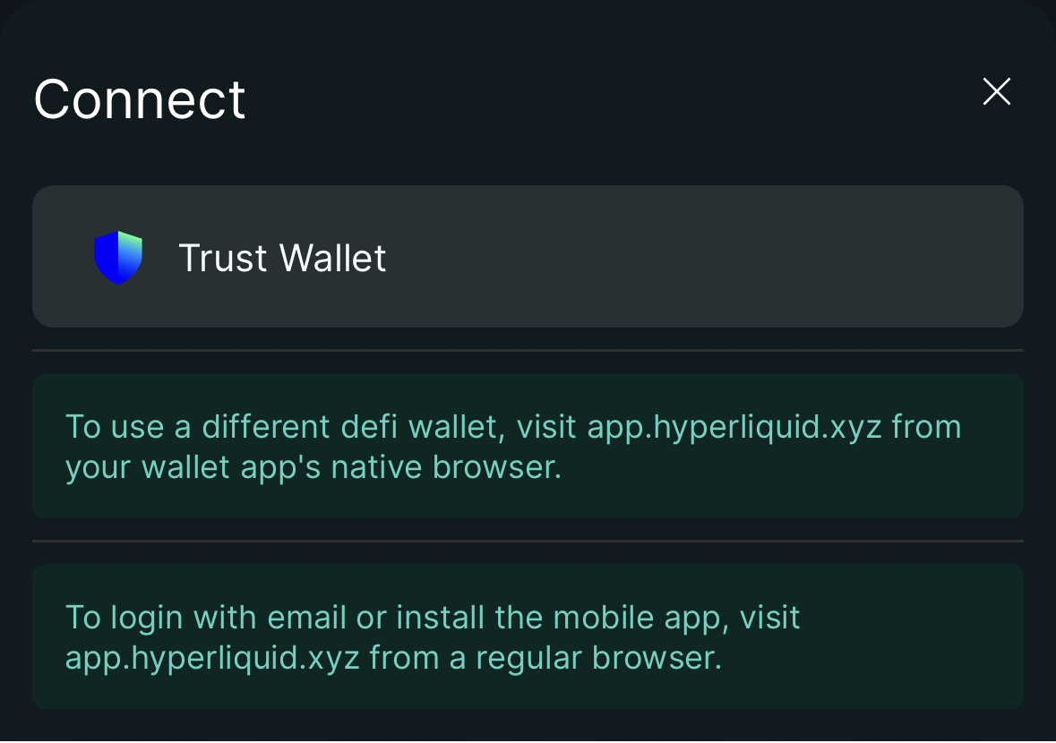El diálogo Connect de Hyperliquid mostrando Trust Wallet como opción