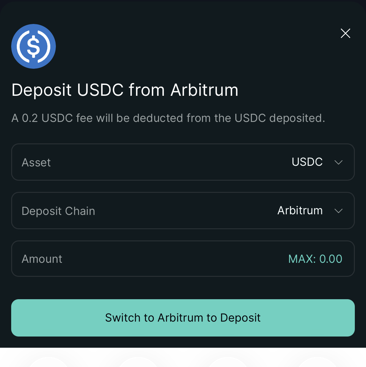 El diálogo de depósito de Hyperliquid: activo USDC, blockchain Arbitrum, monto y botón para cambiar de red