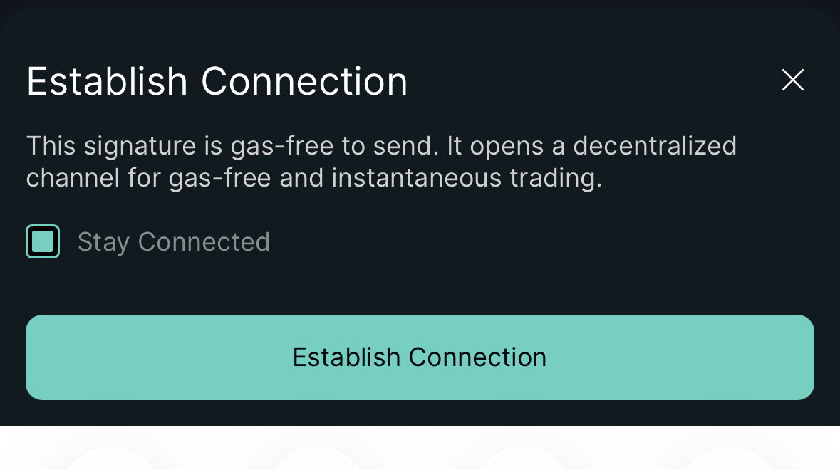 La pantalla Establish Connection de Hyperliquid, que avisa que la firma no cuesta gas